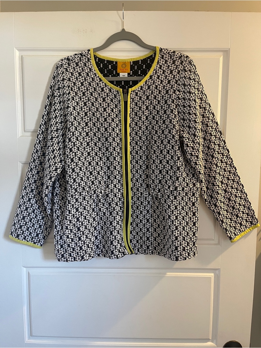 Ruby Rd. Black & White Jacquard Zip-Front Jacket with Lime Green Trim